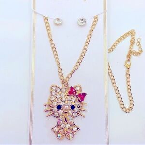 NWT Necklace Kitty in Iridescent Crystals with Red bow. Crystal Earrings Pie…